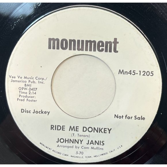 Johnny Janis Distant Drums / Ride Me Donkey 45 Country Promo Monument 1205 - Picture 2 of 6